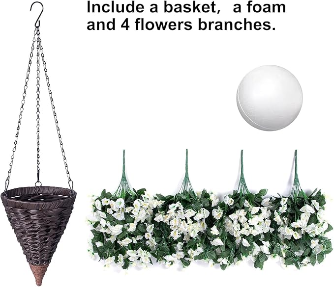 Artificial Faux Hanging White Flowers Plants Basket for Outdoor Outside, Fake UV Resistant Realistic White Morning Glory Flowers for Porch Home Balcony Yard Patio Decoration