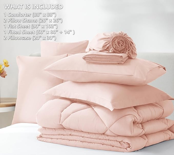 CozyLux Queen Comforter Set Blush Pink - Bed in a Bag Queen Size 7 Pieces, Luxury Soft Bed Set for All Seasons, Bedding Set with Down Alternative Comforter, Sheets, Pillowcases & Shams