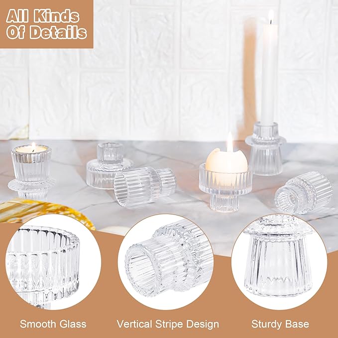Candlestick Holders Set of 6, Ribbed Glass Taper Candle Holders, Reversible Clear Tealight & Candle Stick Candle Holder Vintage Crystal Tealight Candle Holder for Wedding Dinner Party