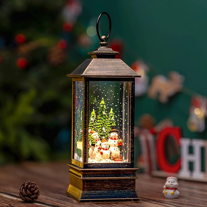 10'' Musical Snow Globe Lantern Lighted Snowman Family Water Lantern Swirling Glittering Home Decoration and Gift, Battery Operated or USB Powered