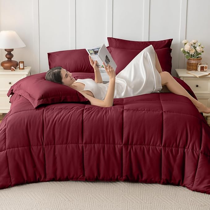 JOLLYVOGUE King Comforter Set, Ultra-Soft Bed in a Bag King Size 7 Pieces, Oeko-TEX Certified Bedding Set with Down Alternative Comforter, Sheets, Pillowcases & Shams, Burgundy