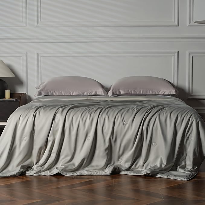 EP Mode Mulberry Silk Filled Quilt with 100% Viscose from Bamboo Fabric, Natural Lightweighted Cooling Comforter (Light Grey, Twin 68” X 88”)