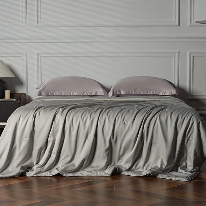 EP Mode Mulberry Silk Filled Quilt with 100% Viscose from Bamboo Fabric, Natural Lightweighted Cooling Comforter (Light Grey, Queen 88” X 88”)