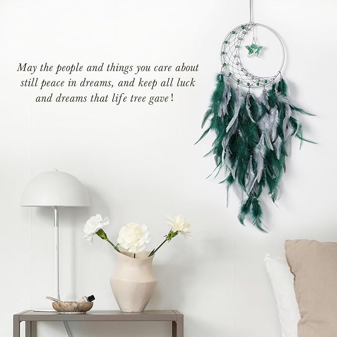 Dreamlike Moon Dream Catchers Wall Decor Crescent Dream Catcher with Crystal Stone Star Shaped Tree of Life Pendant Handmade Green Feather Dreamcatchers Wall Hanging for Girls Bedroom Wedding Gift