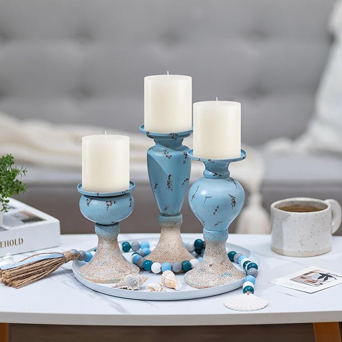 Sziqiqi Farmhouse Coastal Candle Holder: Pillar Candle Holders for Living Room Bathroom - Beach Candle Stand for Table Centerpieces Rustic Candleholder Set of 3 Ocean Decor for Fireplace