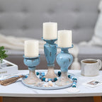 Sziqiqi Farmhouse Coastal Candle Holder: Pillar Candle Holders for Living Room Bathroom - Beach Candle Stand for Table Centerpieces Rustic Candleholder Set of 3 Ocean Decor for Fireplace