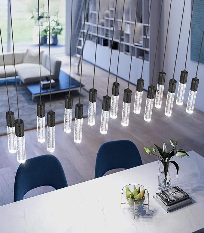 16-Lights Modern Crystal Rectangular Chandeliers LED Pendant Light for Kitchen Island High Ceiling Chandelier for Dining Room Entrance Foyer Living Room Black