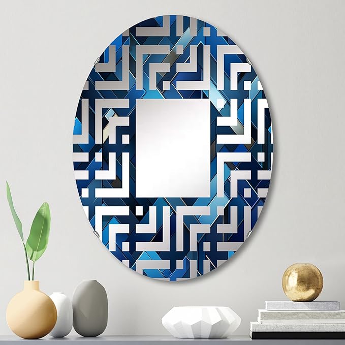 Symmetric Cubes in Deep Cobalt Blue - Geometric Maze - 24x36 Inches - Oval Decorative Wall Mirror for Bathroom, Bedroom, Entryway, Living Room, Vanity Room and Modern Décor