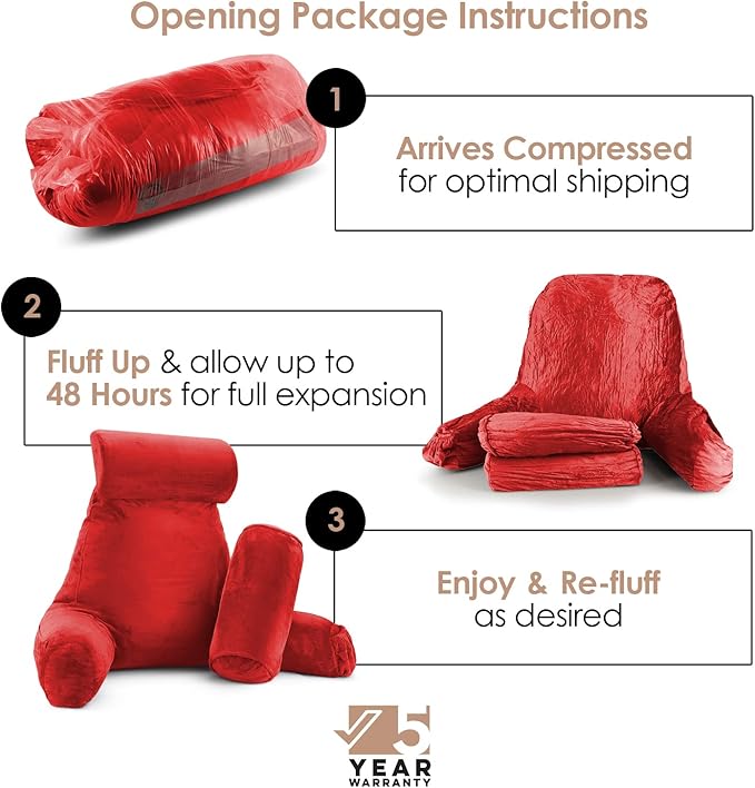 Nestl Reading Pillow Large Bed Pillow, Back Pillow for Sitting in Bed Shredded Memory Foam Chair Pillow, Reading & Bed Rest Pillows Cherry Red Back Pillow for Bed, Bed Chair Arm Pillow with Pockets