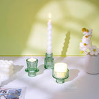 Candlestick Holders Set of 6, Ribbed Glass Taper Candle Holders, Reversible Green Tealight & Candle Stick Candle Holder Vintage Crystal Tapered Candlestick for Wedding Dinner Party Festival