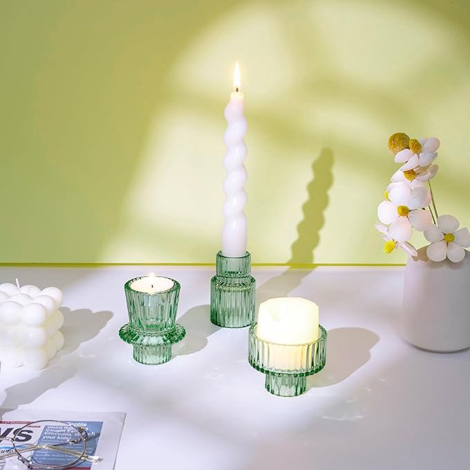 Candlestick Holders Set of 6, Ribbed Glass Taper Candle Holders, Reversible Green Tealight & Candle Stick Candle Holder Vintage Crystal Tapered Candlestick for Wedding Dinner Party Festival