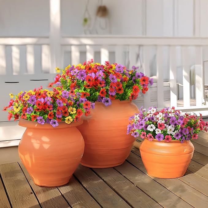 INQCMY Artificial Flowers for Outdoors Faux Plants Fake Flowers Spring Summer Decoration,12 Bundles Faux Silk Colorful Daisy Realistic UV Resistant for Outside Home Planter Window Porch Patio Yard
