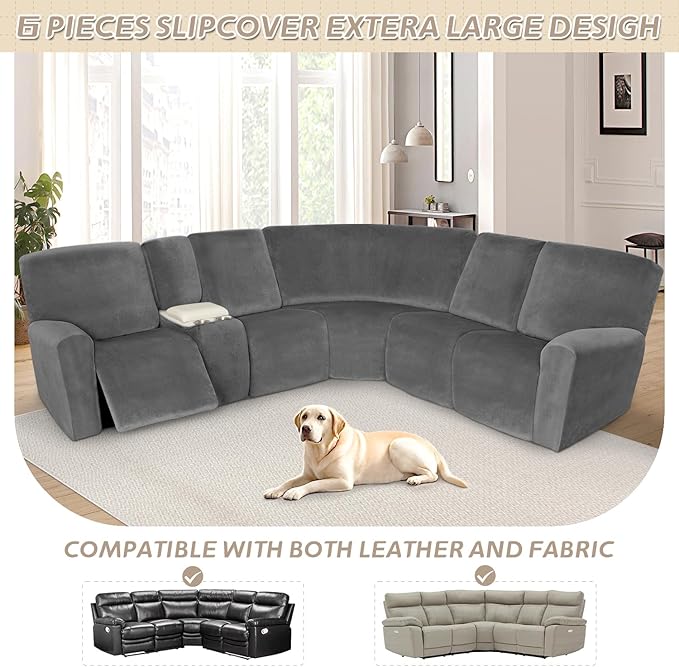 Arfntevss Sectional Recliner Couch Covers Velvet Washable Corner Sectional Sofa Cover for Reclining Stretch Soft Thick L Shape Recliner Slipcover Set (5 Seat with 1 Console Cover, Middle Gray)