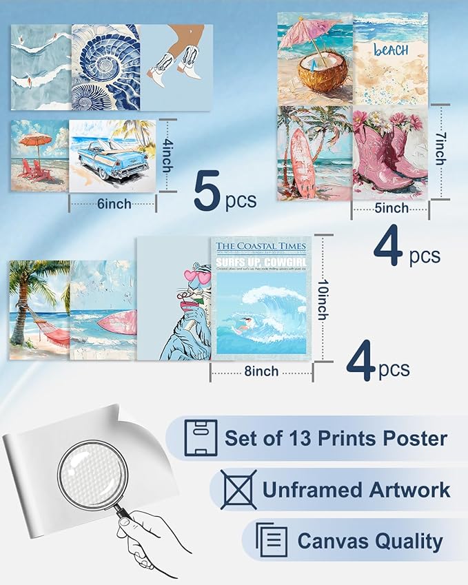 KBKBART Coastal Cowgirl Room Decor Aesthetic Set of 13, Coastal Granddaughter Prints For Wall Decorations, Preppy Cowgirl Wall Art, Blue Beach Room Posters For Teen Girls Bedroom Decorations (Unframed)