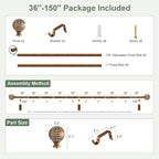 Gold Curtain Rods for Windows 72 to 144 Inch,1'' Diameter Drapery Rods with Imitation Wood Grain Leaf Pattern Finials,Boho Adjustable Heavy Duty Curtain Rods Set,36-150'',Antique-Gold Wood