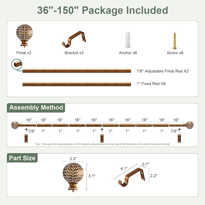 Gold Curtain Rods for Windows 72 to 144 Inch,1'' Diameter Drapery Rods with Imitation Wood Grain Leaf Pattern Finials,Boho Adjustable Heavy Duty Curtain Rods Set,36-150'',Antique-Gold Wood