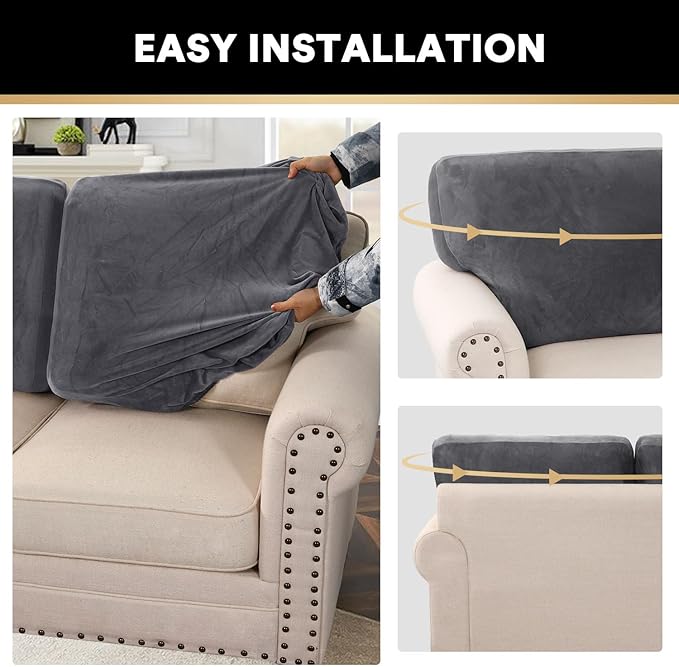 PrinceDeco Sectional Couch Covers Velvet Cushion Covers for Sectional Couch Washable Cushion Covers for Sectional Sofa Pet Friendly Sectional Sofa Slipcovers(1 Chaise Back+ 3 Sofa Back,Grey)