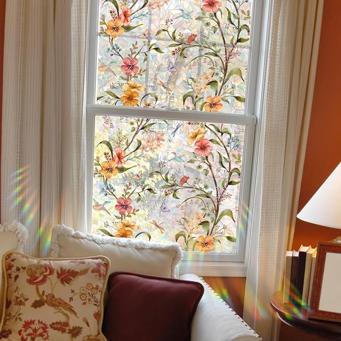 Stained Wildflower Window Film Decorative Flowers Static Glass Window Clings Stickers for Home Office Living Room Bedroom Glass Windows Door Decor 15.74 x 39.37 Inches