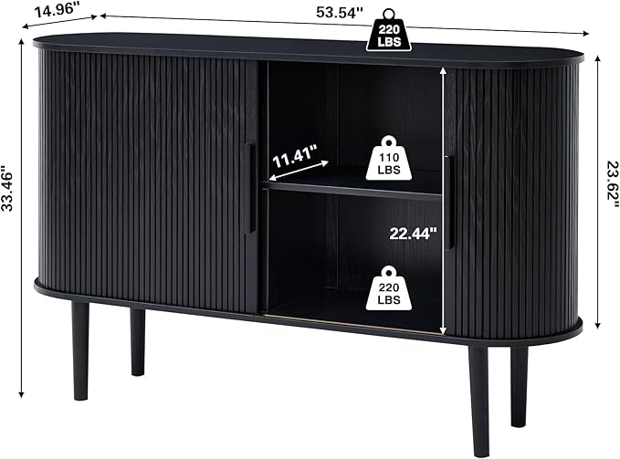 53''Sideboard Buffer Cabinet with Fluted Slide Doors, Modern Credenza Storage Cabinet, Tambour Bar Console Table for Living Dining Room Kitchen Hallway Entryway, Black