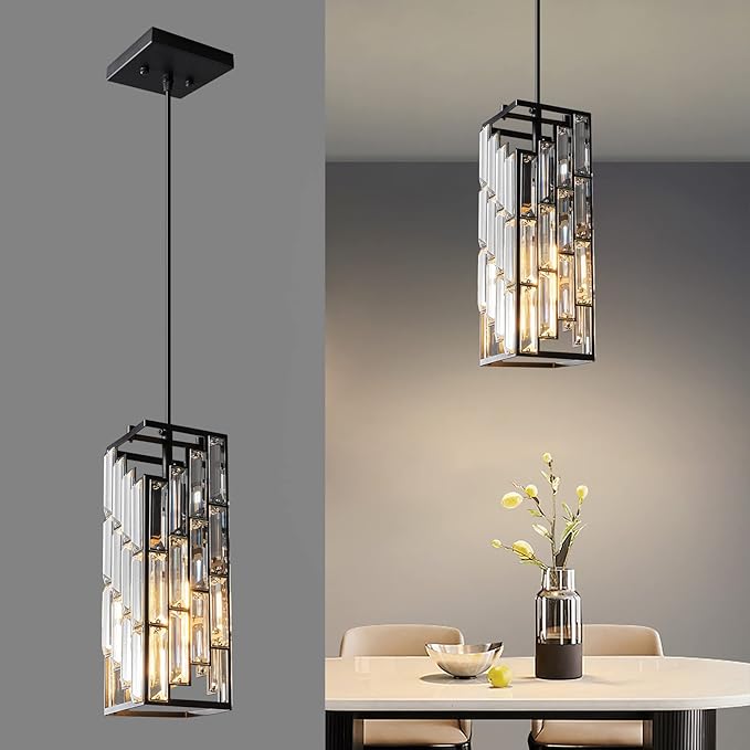 Black Pendant Lighting Modern Pendant Light, Mini Crystal Chandeliers,Adjustable Pendant Light Fixture for Kitchen Island Dinning Room Bedroom (1 Pack)