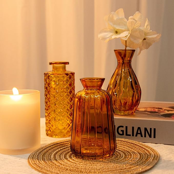 Glass Bud Vases Set of 10, Small Flower Vase in Bulk for Centerpieces, Mini Vintage Amber Vases for Rustic Wedding Vintage Home Table Decor