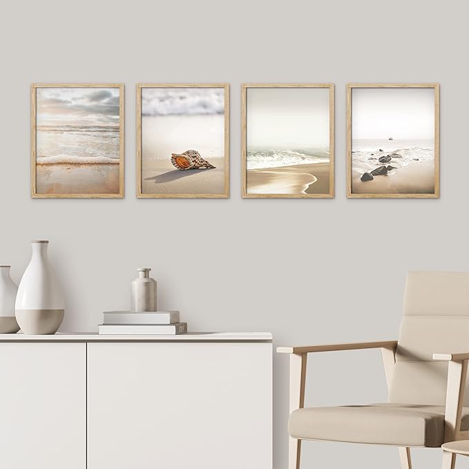SIGNWIN Framed White Minimal Beach Shore Ocean Sea Seashell Wall Art, Set of 4 Landscape Colorful Wall Decor Prints, Nature Wilderness Wall Décor for Living Room, Bedroom - 11"x14" Natural