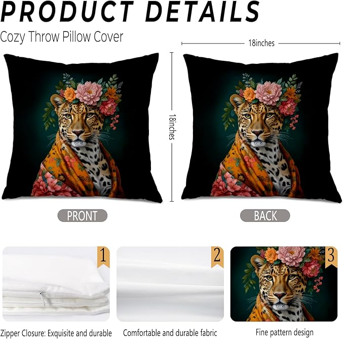 Trendy Maximalist Floral Leopard Eclectic Pillow Covers 18x18, Cheetah Print Room Decor, Eclectic Home Decor, Funky Colourful Floral Leopard Decorative Throw Pillow Covers for Home Room