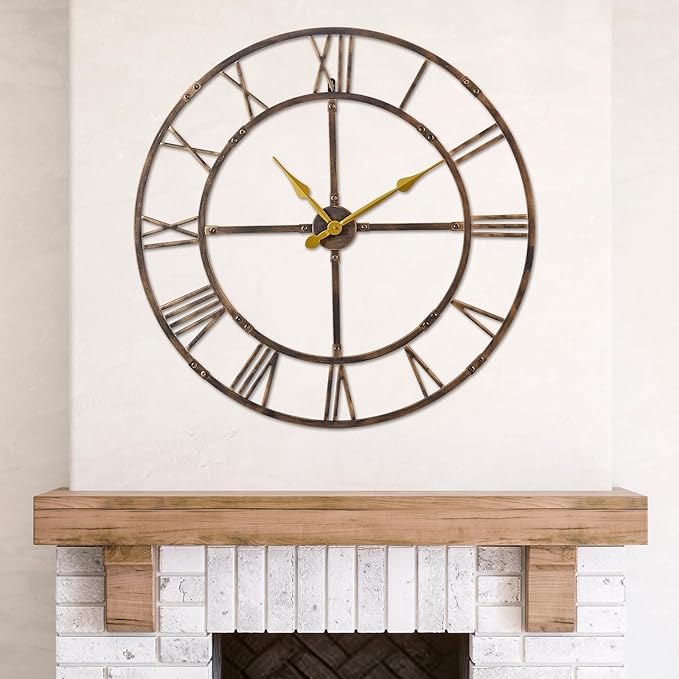 Large Wall Clock for Living Room Decor – 32 Inch Silent Non-Ticking Modern Farmhouse Wall Clock, Oversized Decorative Metal Roman Numeral Clock, Bronze