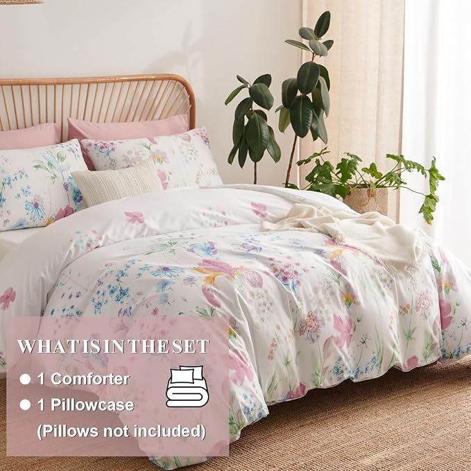 Floral Comforter Set Twin Size - 2 Pieces Lilac White Floral Comforter Bedding Sets Reversible Pattern,Twin Bed in a Bag with Flowers Comforter and 1 Pillowcase