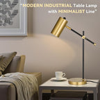 Modern Black and Gold Desk Lamp, Minimalist Industrial Table Lamp with Swing Arm, Gold and Black, for Study Room Home Office Bedroom Bedside Nightstand