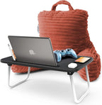 Nestl Reading Pillow with Portable Lap Desk Stand for Laptop 19x11”, Cut Plush Striped Back Pillow, Back Support Pillow, Shredded Memory Foam Bed Rest Pillow with Arms for Kids & Teens, Small - Misty