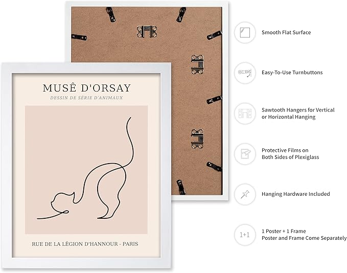 Poster Master Vintage Poster - Retro One Line Cat Drawing Print - Cat Art - Minimal Gift for Men, Women, Animal Lover - Abstract Wall Decor for Home, Office, Bedroom, 16x20 White Framed