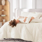 MUXHOMO 5 Pieces Twin XL Comforter Set, Seersucker Bed in a Bag Twin XL Size, All Season Luxury Bedding Set with Comforter, Flat Sheet, Fitted Sheet, Pillowcase & Sham, Ivory