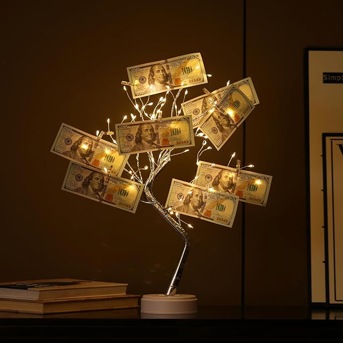 4 Pack Money Tree Gift Holder 108 LEDs Lighted Fairy Light Spirit Trees Graduation Decorations Battery/USB Powered Light Up Display Twig Gift Card Tree with 22 Clear Clips for Card Photo Memo