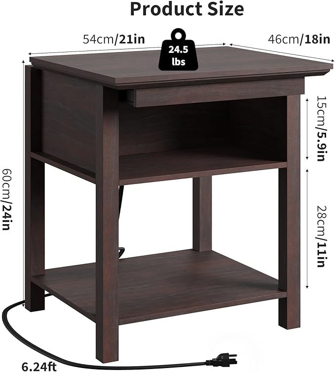 Rresyet Sliding Side Table with Charging Station & 2-Tier Storage,Farmhouse End Table, Wooden Nightstand for Bedroom & Living Room,Cherry