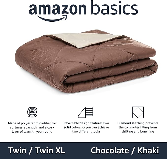 Amazon Basics Comforter Blanket Twin/Twin XL, Reversible Lightweight Microfiber All Season Blanket, Chocolate / Khaki