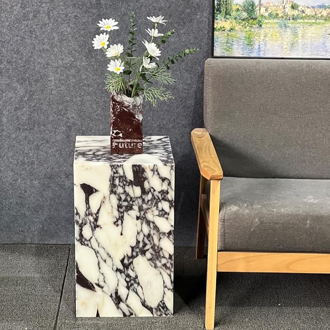 Luxury Marble Side Table,Square End Table for Modern Sofa and Bed, Living Room, Sofa, Bedroom（Calacatta Viola）