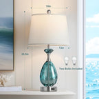 Coastal Glass Table Lamps Set of 2, 3-Way Dimmable Touch Control Nautical Lamp with USB A+C Ports,Bedside Lamp Beach Decor,Nightstand Lamp with White Shade for Living Room Bedroom(LED Bulbs Included)