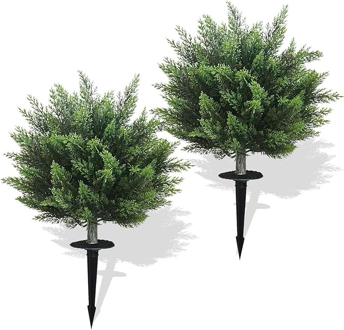 Artificial Topiary Cedar Tree 28 inch Faux Little Bush Cedar Tree UV Resistant Shrub Potted Artificial Plant for Outdoor Indoor Front Porch Garden (2 Pack)