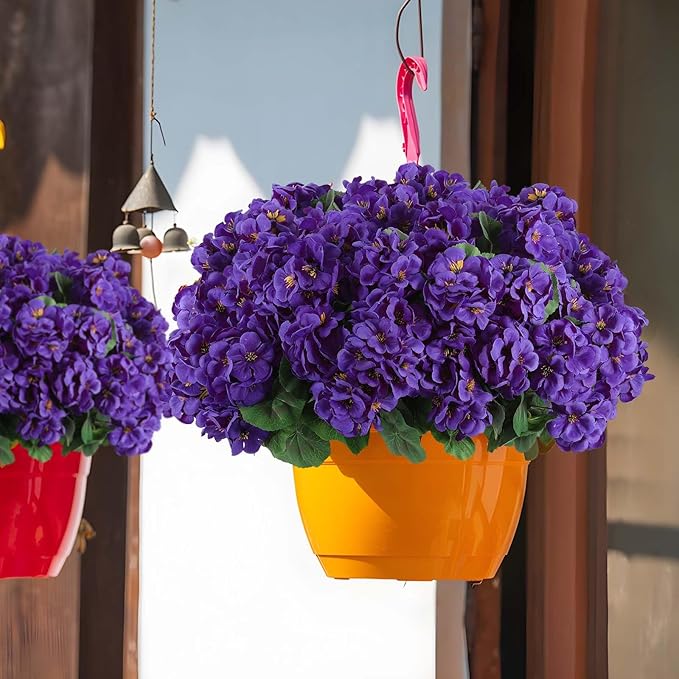 Hananona Artificial Geranium Flowers for Outdoors Geranium Silk Flowers Outdoor UV Resistant Garden Plants Faux Flowers for Home Kitchen Table Centerpieces Decor (12, Purple)