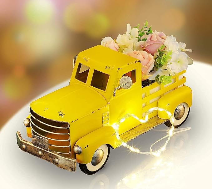 Metal Truck Decor,Farmhouse Truck Decor,Decorative Tabletop Storage & Pick-up Metal Truck Planter,12.5" x 5.75" x 6.25" inches (Yellow)