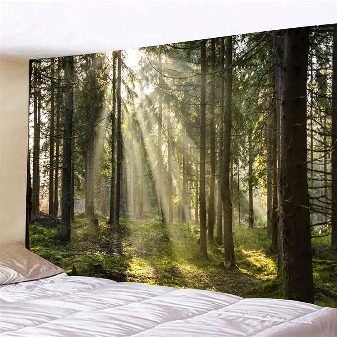 Onivein Forest Tapestry Nature Sunlight Streaming Through Green Trees Wall Hanging for Bedroom Living Room Office Decor 80 x 60 Inches