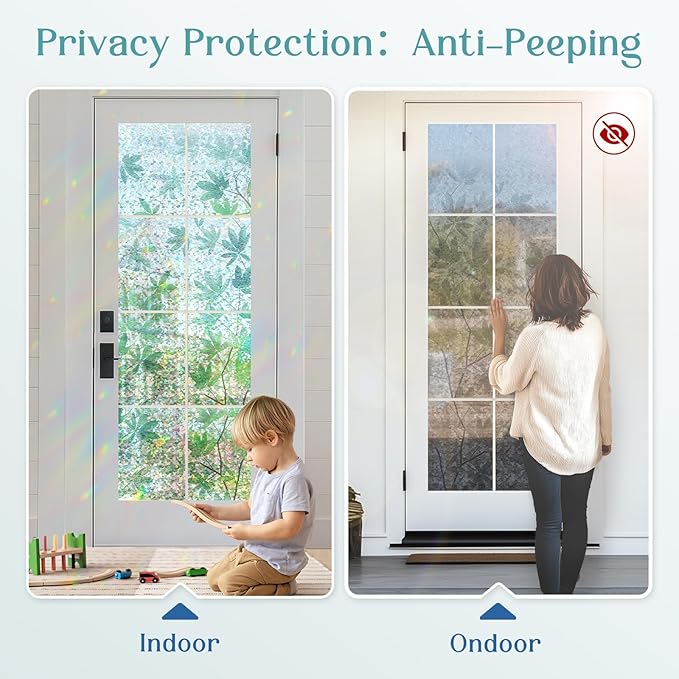 Haton Window Privacy Film, Decorative Stained Glass Window Clings, 3D UV Sun Blocking Sticker, Removable Static Cling Heat Control Tint for Home Door, Leaf Rainbow, 17.5" x 78.7" Non-Adhesive