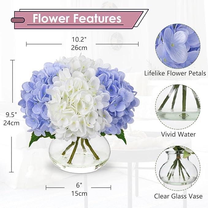 Hollyone Hydrangea Artificial Flowers with Vase White & Blue Silk Fake Flowers Arrangements in Glass Vase with Faux Water Faux Floral Bulk Bouquet Bathroom Table Centerpiece Shelf Home Decor