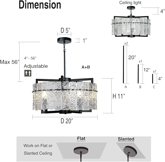 IKK Modern Black Crystal Chandeliers for Dining Room, Luxury Water Ripple Glass Light Fixture, Elegant Farmhouse Round Lighting for Kitchen Island, Bar Table, D20