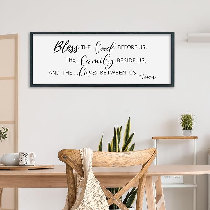 SRSZHIYUE Bless the Food Before Us Wall Sign Decor 32"×12" Christian Bible Verse for Farmhouse Rustic Kitchen Dining Room Framed Wood Scripture Religious Jesus Prayer Wall Art (Black)