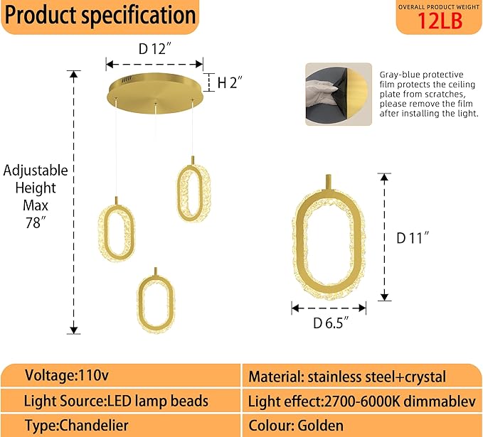 Dimmable Oval Pendant Light Modern LED Pendant Lights for Kitchen Island Adjustable Crystal Ring Chandelier for Dining Room Bedroom Living Room 3-Light Gold