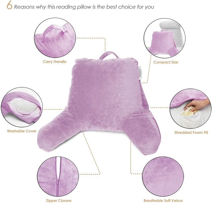 Nestl Reading Pillow for Kids, Small Bed Pillow, Back Pillow for Sitting in Bed, Memory Foam Chair Pillow, Reading & Bed Rest Pillows, Lavender Back Pillow for Bed, Arm Pillow with Pockets