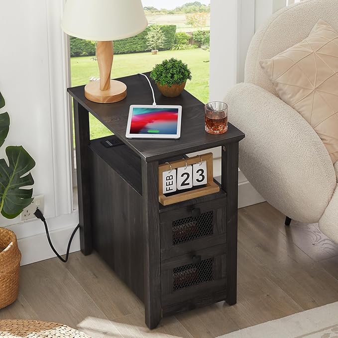 Farmhouse XXL End Table with Charging Station, Narrow Side Table with USB Ports and Outlets, Nightstand with 2 Drawers Storage, Grey Bedside Tables for Living Room, Bedroom