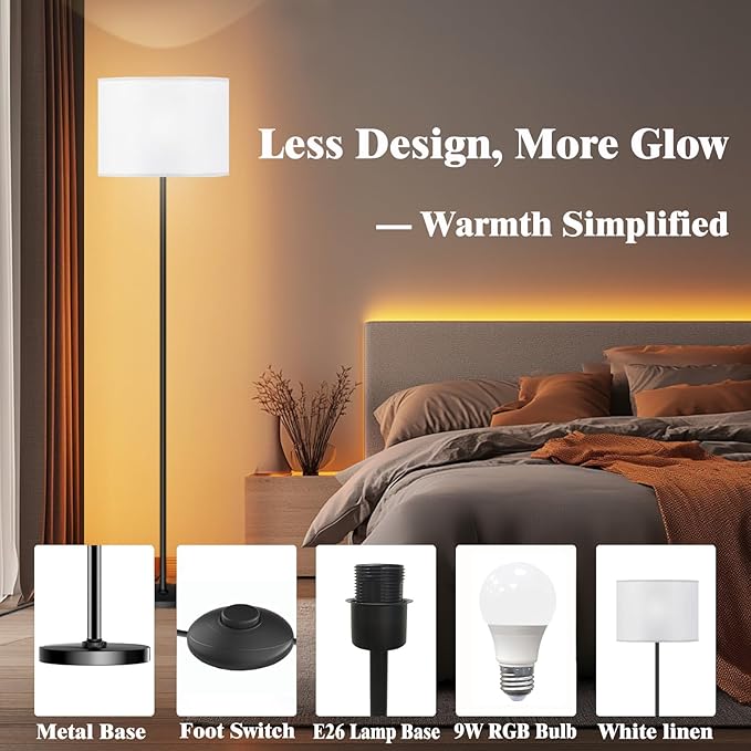 Smart LED Floor Lamp with APP Control & RGB Colors - Dimmable Standing Lamp for Living Room, Bedroom, Gaming - Remote, Timer, 9W Bulb Included, 60.6" Modern Tall Lamp (White)